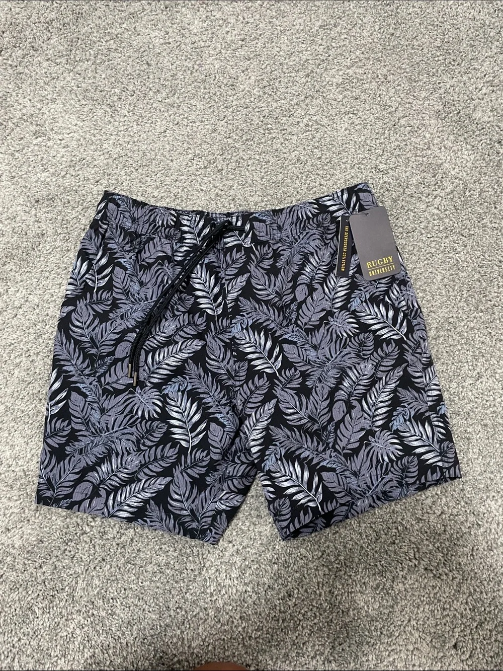 Rugby Ralph Lauren Navy and Light Gray Leaf-Print Swim Shorts